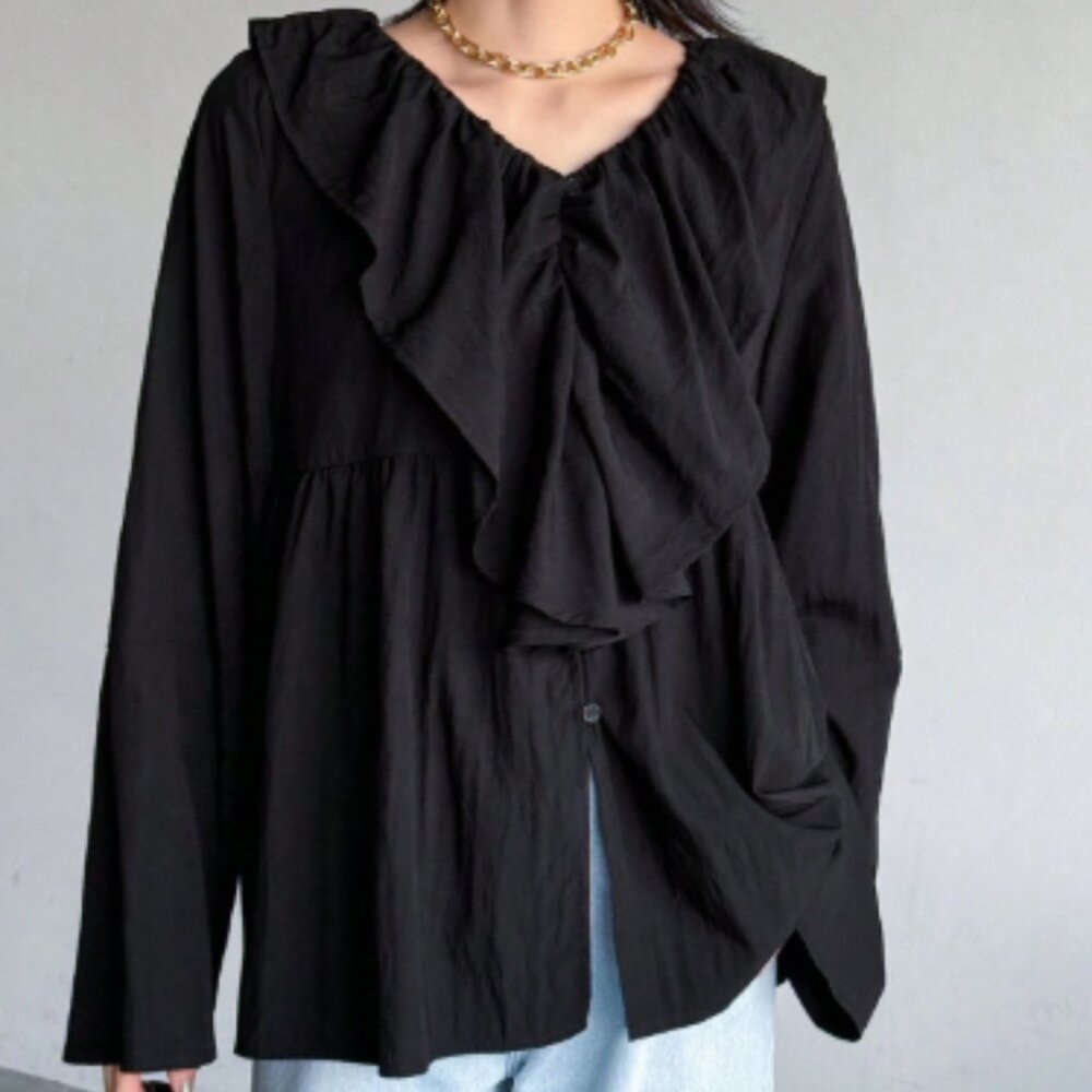 New  2026 Loose Fit V-Neck Ruffle Hem Long Sleeve Blouse Small-Medium